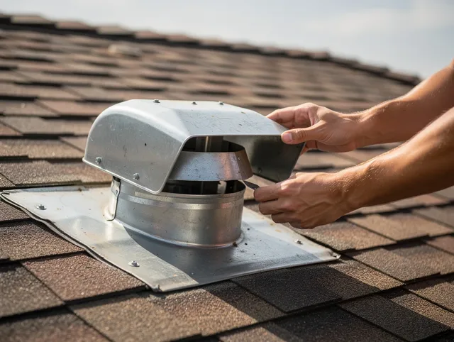 Shaker Heights Dryer Vent Cleaning certified technician safely cleaning a roof-mounted dryer vent in Shaker Heights