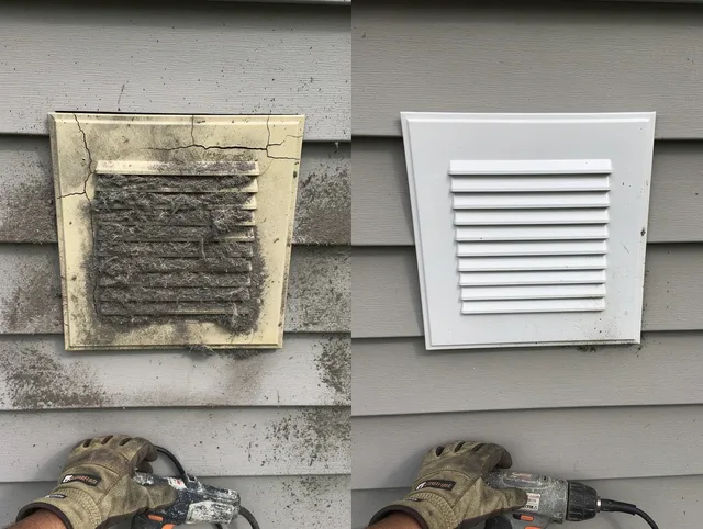 Shaker Heights Dryer Vent Cleaning technician installing high-quality dryer vent cover at a residential property in Shaker Heights