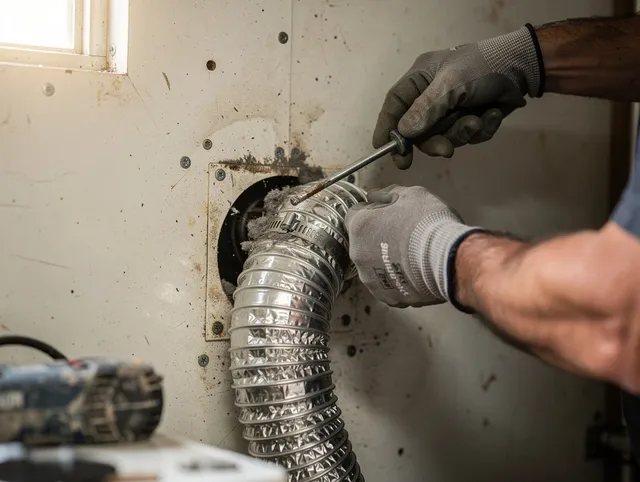 Shaker Heights Dryer Vent Cleaning technician performing precise dryer vent hose installation in Shaker Heights